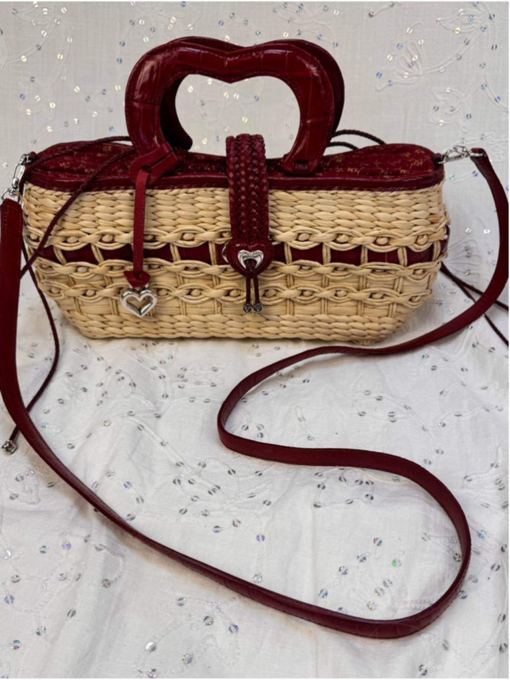 Brighton Straw Crossbody with Burgundy Heart Handles